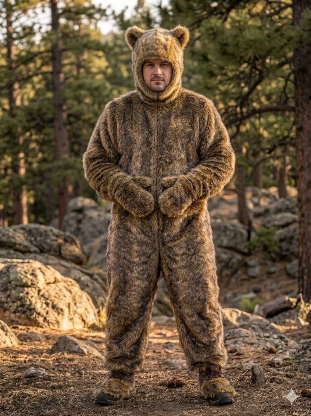 Handmade Faux Fur Bear Costume Jumpsuit with Hood & Mittens - Size XL